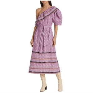 NWT Sea NY Perry One‎ Shoulder Midi Dress Purple Floral Border Print Size Small